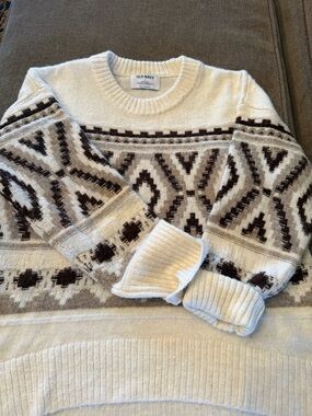 Old Navy Cream and Brown Fair Isle Crewneck Sweater